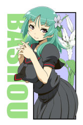 Rule 34 | 10s, 1girl, bashou (senran kagura), breasts, female focus, flower, green hair, haganemaru kennosuke, hair ornament, large breasts, looking at viewer, plant, purple eyes, senran kagura, senran kagura new wave, smile, solo