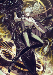 1girl arm_pouch black_gloves black_horns black_pants black_pouch black_shoes breasts commentary_request curled_horns floating_hair full_body gloves grey_hair hair_between_eyes high-waist_pants high_heels highres holding holding_shield horns large_breasts looking_at_viewer loose_necktie necktie pants parted_lips red_eyes red_necktie shield shirt shirt_tucked_in shoes solo tail tight_clothes tight_pants torn_clothes torn_shirt white_shirt wuthering_waves yoshi_(houndbell) zani_(wuthering_waves)