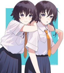 2girls :3 alternate_costume black_hair blue_background blue_eyes blue_skirt blush border breast_press collared_shirt commentary_request cowboy_shot dress_shirt grey_hair hair_between_eyes i-13_(kancolle) i-14_(kancolle) ichiroku_(sakumogu-029) kantai_collection looking_at_viewer multiple_girls necktie open_mouth orange_eyes orange_necktie outside_border pleated_skirt school_uniform shirt short_hair_with_long_locks short_sleeves sidelocks signature simple_background skirt smile standing white_border