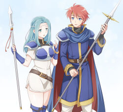 1boy 1girl aqua_hair armor blue_eyes blue_footwear blue_gloves boots breastplate cape commentary_request dress eliwood_(fire_emblem) fingerless_gloves fiora_(fire_emblem) fire_emblem fire_emblem:_the_blazing_blade gloves ham_pon headband highres holding holding_polearm holding_weapon long_hair long_sleeves nintendo pegasus_knight_uniform_(fire_emblem) polearm red_hair short_dress short_hair short_sleeves side_slit simple_background smile thigh_boots weapon white_dress