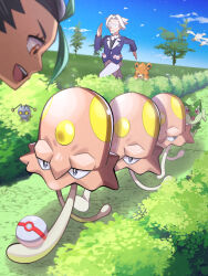1boy 1girl :d black_hair black_shirt bush clavell_(pokemon) cloud commentary_request day gen_3_pokemon gimmighoul gimmighoul_(roaming) glasses grass green_hair highres inana_umi jacket long_sleeves multicolored_hair nemona_(pokemon) nintendo open_mouth outdoors pants pawmi poke_ball pokemon pokemon_(creature) pokemon_sv premier_ball purple_jacket running shirt sky smile sprigatito teeth toedscool tongue tree two-tone_hair upper_teeth_only white-framed_eyewear white_hair white_pants wingull