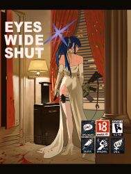 Rule 34 | 1girl, absurdres, ar-15, assault rifle, bare shoulders, black hair, blood, blood on clothes, blood on ground, blue archive, blue eyes, blue hair, blue halo, breasts, choker, colored inner hair, column, content rating, curtains, dress, elbow gloves, english text, esrb, gloves, gun, gun sling, halo, highres, holding, holding gun, holding weapon, indoors, knife sheath, lamp, long hair, multicolored hair, official alternate costume, open door, pegi, pillar, rifle, rolling suitcase, saori (blue archive), saori (dress) (blue archive), sheath, strapless, strapless dress, suitcase, thigh sheath, utsuda, weapon, white choker, white dress, white gloves, window, window blinds
