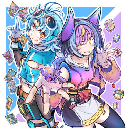 Rule 34 | &gt; &lt;, 2girls, absurdres, antenna hair, back-to-back, belt, black choker, black hair, black shorts, black thighhighs, blonde hair, blue hair, blue jacket, blush stickers, border, chocodan (brown chocolate), choker, commentary request, cowboy shot, cropped jacket, fei luo mao, fingerless gloves, from above, gloves, gochizo, goggles, goggles on head, gotcha driver, gradient clothes, gradient jacket, gradient shirt, grin, headphones, henshin belt gavv, highres, in-franchise crossover, index finger raised, jacket, kamen rider, kamen rider gavv, kamen rider gavv (series), kamen rider gotchard, kamen rider gotchard (series), licking lips, lollipop in mouth, looking at viewer, looking back, looking to the side, multicolored hair, multiple girls, orange belt, orange hair, popping gummy, purple hair, rider-tan, rider belt, shirt, short hair, shorts, smile, thigh strap, thighhighs, tongue, tongue out, white border, white gloves, yellow eyes, zakuzaku chips, zettai ryouiki
