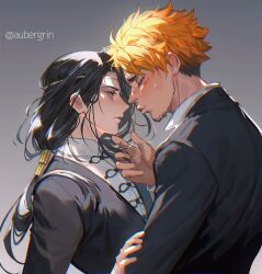 2boys aubergrin black_jacket blush circlet closed_eyes closed_mouth collared_shirt commentary easthies_(tongari_boushi_no_atelier) english_commentary facial_hair fingernails from_side goatee_stubble grey_background hand_on_another&#039;s_arm hand_up hashtag-only_commentary highres jacket long_hair long_sleeves looking_at_another male_focus multiple_boys orange_hair parted_bangs ponytail profile puckered_lips red_eyes shirt short_hair simple_background stubble sweatdrop tongari_boushi_no_atelier twitter_username undercut upper_body utowin_(tongari_boushi_no_atelier) white_shirt yaoi
