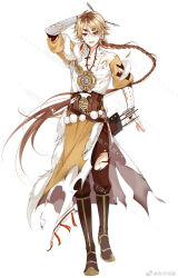 1boy :d arm_at_side arm_guards arm_up arrow_(projectile) blonde_hair boots braid broken_arrow brown_boots brown_hair brown_pants brown_sash chinese_clothes chinese_commentary cuts dongfang_mao_qiu earrings feather_earrings feathers full_body fur-trimmed_robe fur_trim hair_between_eyes holding holding_arrow injury jewelry knee_boots long_hair looking_at_viewer male_focus multicolored_hair nervous_smile official_art open_mouth pants parted_bangs pelvic_curtain pom_pom_(clothes) quiver robe rolling_donkey_(the_tale_of_food) shirt short_eyebrows shrug_(clothing) simple_background single_bare_shoulder single_braid smile solo standing sweatdrop tangzhuang tassel the_tale_of_food three-quarter_sleeves torn_clothes two-tone_hair very_long_hair watermark weibo_watermark white_background white_shirt yellow_robe