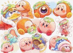 1girl :d blue_eyes blue_hat bow bowtie brown_shoes closed_eyes closed_mouth dress elfilin fairy flower_wreath hair_bow hat highres jester_cap king_dedede kirby kirby_(series) long_sleeves magolor marx_(kirby) nintendo open_mouth pink_hair polka_dot_headwear red_bow red_bowtie red_dress red_hat ribbon_(kirby) shoes short_hair signature smile tokkakyou two-tone_hat waddle_dee waddle_doo