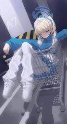 1girl apron blonde_hair blue_archive blue_eyes blue_halo blue_jacket blue_skirt bow breasts candy food halo highres holding holding_candy holding_food holding_lollipop in_shopping_cart jacket jersey_maid lollipop long_hair long_sleeves loose_socks maid maid_apron maid_headdress maji_(majidesu3) shoes shopping_cart skirt sneakers socks solo toki_(blue_archive) twintails unconventional_maid white_apron white_shoes white_socks