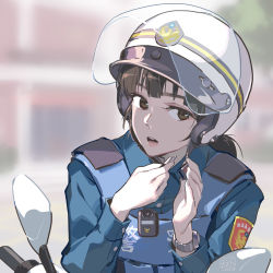 1girl brown_eyes brown_hair day female_focus helmet highres looking_to_the_side original outdoors parted_lips police police_uniform policewoman solo taiwan tennohi vest watch wristwatch