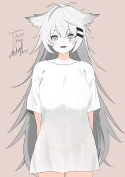 1girl :d absurdres alternate_costume arknights arms_behind_back bottomless breasts brown_background commentary commentary_typo cowboy_shot dated english_commentary grey_eyes grey_hair groin hair_between_eyes hair_ornament hairclip highres lappland_(arknights) large_breasts long_hair looking_at_viewer naked_shirt navel open_mouth scar scar_across_eye scar_on_face see-through_clothes see-through_shirt shirt short_sleeves signature simple_background smile solo standing t-shirt tadashi_michi thigh_gap very_long_hair white_hair white_shirt