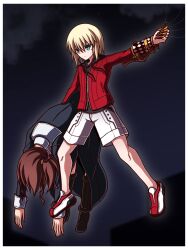 1boy 1girl absurdres blonde_hair brown_hair carrying carrying_person carrying_under_arm closed_mouth dress green_eyes hair_ornament hair_scrunchie highres hood hoodie jacket long_sleeves mario_gallo_bestino marvel noel_(tsukihime) pants red_shoes scrunchie shoes short_hair shorts spider-man_(series) sweatdrop tsukihime tsukihime_(remake) white_pants zeon132