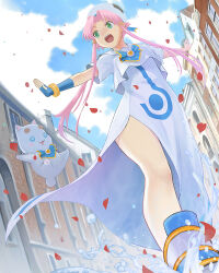 1girl :d aria_(manga) aria_company_uniform aria_pokoteng beret blue_bow blue_bowtie blue_gloves blue_ribbon bow bowtie building cat cloud cloudy_sky day dress dutch_angle falling_petals fingerless_gloves gloves gold_trim green_eyes hair_tubes hat hat_ribbon hirokiku legs long_dress mizunashi_akari open_mouth outdoors outstretched_arms parted_bangs perspective petals pink_hair ribbon sailor_collar short_hair_with_long_locks side_slit sidelocks single_glove sky smile splashing teeth upper_teeth_only white_cat white_dress white_hat