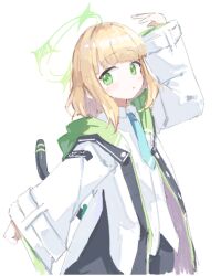 1girl aqua_necktie arm_up black_shorts black_tail blonde_hair blue_archive blunt_bangs blush blush_stickers buttons cat_tail clenched_hand collared_shirt commentary cowboy_shot dot_nose fake_tail green_eyes green_halo green_hood green_jacket green_trim halo hood hood_down hooded_jacket jacket long_sleeves looking_at_viewer looking_to_the_side medium_hair midori_(blue_archive) multicolored_jacket necktie no_hair_bow no_headwear open_clothes open_jacket parted_lips school_uniform shirt shorts sidelocks sideways_glance simple_background solo tail tail_raised untucked_shirt usaginoakubi802 white_background white_jacket white_shirt wide_sleeves