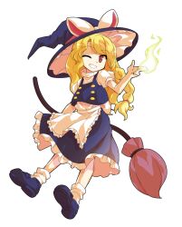 1girl apron black_hat black_shoes black_skirt black_vest blonde_hair braid broom broom_riding buttons commentary_request dairi dress full_body hat kirisame_marisa l_hand large_variant_set long_hair looking_at_viewer magic mary_janes one_eye_closed open_mouth petite red_eyes shirt shoes short_sleeves skirt socks solo teeth touhou transparent_background turtleneck turtleneck_shirt variant_set vest waist_apron white_apron white_shirt white_socks witch witch_hat