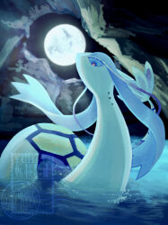 absurdres alternate_color animal_focus artist_name blue_eyes blurry blurry_background cave full_moon gen_3_pokemon glowing glowing_eyes highres looking_at_viewer milotic moon night nintendo no_humans partially_submerged pokemon pokemon_(creature) red_pupils shiny_pokemon solo swimming water watermark yuhata_(yuh4t4)