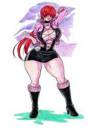 1girl absurdres boots breasts curvy dress earrings fishnets fluffy hair_over_eyes heart highres huge_breasts jacket jewelry julio-leo julio_leo juliole35301969 large_breasts leather long_hair no_bra pale_skin ponytail red_hair shermie_(kof) skirt snk standing the_king_of_fighters thick_lips thick_thighs thighs twintails wide_hips