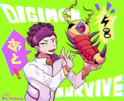 1boy bakamaokun bug copyright_name digimon digimon_survive green_background headband highres jacket male_focus purple_headband short_hair simple_background speech_bubble tominaga_ryou twitter_username white_jacket