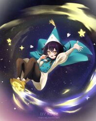 1girl absurdres agott_(tongari_boushi_no_atelier) ass black_hair black_leggings brown_eyes brown_shoes flying hat highres kiari_art leggings open_mouth qifrey&#039;s_atelier_apprentice_uniform shoes short_hair sigil solo star_(sky) tassel tongari_boushi_no_atelier