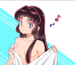 01angelegg 1girl 2024 blue_background blue_eyes breasts brown_hair closed_mouth collarbone convenient_censoring cross-shaped_pupils hair_over_breasts long_hair medium_breasts mizunokouji_asuka musical_note shiny_skin smile solo straight_hair symbol-shaped_pupils two-tone_background upper_body urusei_yatsura watermark white_background yellow_pupils