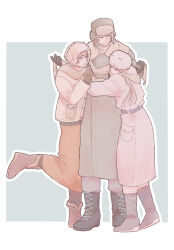 Rule 34 | 1boy, 2girls, axis powers hetalia, baggy pants, bazubi, belarus (hetalia), belt, black belt, black boots, black gloves, blonde hair, blue eyes, blush, boots, border, breast pocket, brother and sister, brown boots, brown gloves, brown pantyhose, buttons, closed eyes, coat, commentary request, covered mouth, dress, full body, fur-trimmed boots, fur-trimmed headwear, fur-trimmed hood, fur hat, fur trim, gloves, grey background, grey coat, grey hair, grey hat, grey pants, grey scarf, hand up, hands up, hat, highres, holding cloth, hood, hooded jacket, hug, jacket, leg up, long hair, looking at another, multiple girls, open mouth, orange dress, outside border, pants, pantyhose, pink coat, pocket, russia (hetalia), scarf, short hair, siblings, simple background, sisters, smile, standing, standing on one leg, ukraine (hetalia), ushanka, white border, white hat, white jacket