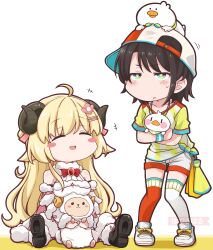 2girls absurdres asymmetrical_legwear black_hair black_horns blonde_hair curled_horns hazuki_haru highres hololive horns long_hair mismatched_legwear multiple_girls oozora_subaru oozora_subaru_(1st_costume) red_thighhighs sheep_girl sheep_horns shirt short_hair simple_background sitting standing striped_clothes striped_shirt thighhighs tomboy tsunomaki_watame tsunomaki_watame_(1st_costume) vertical-striped_clothes vertical-striped_shirt white_background white_thighhighs yuri
