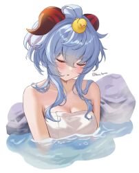 1girl absurdres bare_shoulders blue_hair blush breasts closed_eyes duck_on_head ganyu_(genshin_impact) genshin_impact goat_horns harukix highres horns long_hair medium_breasts off_shoulder onsen open_mouth rubber_duck solo towel water
