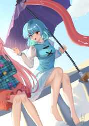 2girls absurdres barefoot blue_eyes blue_hair blue_skirt blue_vest dutch_angle frilled_skirt frills hata_no_kokoro heterochromia highres holding holding_umbrella kogasa_day long_hair looking_at_viewer multiple_girls on_railing pink_hair qinyuzhen railing red_eyes shirt short_hair skirt smile tatara_kogasa touhou umbrella vest white_shirt