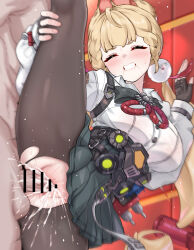 Rule 34 | 1boy, 1girl, :o, absurdres, alice thymefield, animal ears, bar censor, black skirt, blonde hair, blush, breasts, censored, clenched teeth, cum, cum overflow, daram (shappydude), fingerless gloves, gloves, hand on own leg, hetero, highres, indoors, large breasts, long hair, orange eyes, pantyhose, penis, pleated skirt, sex, shirt, skirt, split, standing, standing on one leg, standing sex, standing split, sweat, teeth, torn clothes, torn pantyhose, vaginal, white shirt, zenless zone zero