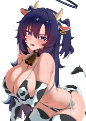 1girl absurdres alternate_costume animal_ears animal_print arm_support arm_under_breasts bare_shoulders bell bikini black_halo blue_archive blue_eyes blue_hair blush breasts cleavage commentary cow_ear_hairband cow_ears cow_horns cow_print cow_print_bikini cow_print_gloves cow_print_thighhighs cow_tail cowbell ear_tag elbow_gloves fake_animal_ears fake_horns fake_tail gloves halo highres horns large_breasts leaning_forward long_hair looking_at_viewer mcbox navel neck_bell open_mouth print_bikini print_gloves print_thighhighs side-tie_bikini_bottom simple_background skindentation solo stomach sweat swimsuit symbol-only_commentary tail thick_thighs thighhighs thighs two_side_up white_background yuuka_(blue_archive)