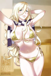 1girl bikini blonde_hair blue_eyes breasts cleavage commentary_request covered_erect_nipples cowboy_shot gold_bikini hair_between_eyes kantai_collection large_breasts lips long_hair mole mole_under_eye mole_under_mouth richelieu_(kancolle) sameha_ikuya scarf side-tie_bikini_bottom solo swimsuit two-tone_scarf watermark
