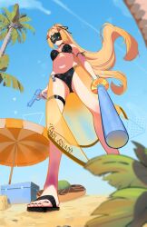 1girl beach beach_umbrella bikini black_bikini black_choker black_shoes blindfold blue_sky breasts choker covered_eyes eye_mask hair_ornament highres holding holding_water_gun large_breasts long_hair looking_down navel outdoors palm_tree ponytail sandals shoes sky swimsuit tharacu thigh_strap tree triangle_hair_ornament trigger_(zenless_zone_zero) umbrella water_gun zenless_zone_zero
