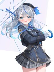 1girl amagai_ruka aqua_hair ara1e beret blue_hair blush crescent ear_piercing fangs gloves grey_hair hat highres long_hair looking_at_viewer multicolored_hair open_mouth piercing plaid_clothes plaid_skirt skirt smile solo streaked_hair umbrella unmoving_pattern weather_planet white_gloves