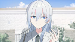 1girl black_necktie blue_eyes blue_sky blurry blurry_background chihuri cloud collared_shirt commentary_request day depth_of_field earrings ende_(chihuri) gate grey_hair hair_between_eyes hand_up highres jacket jewelry long_hair looking_at_viewer necktie original outdoors parted_lips shirt sky solo stud_earrings upper_body white_jacket white_shirt