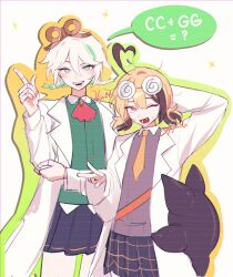 2girls ahoge arm_behind_head ascot braid brown_hair cecilia_immergreen coke-bottle_glasses fang gigi_murin glasses green_eyes grey_hair heart heart_ahoge highres hololive hololive_english index_finger_raised lab_coat low_twintails multiple_girls necktie okyurita pink_eyes pleated_skirt signature skirt tail turing_love twin_braids twintails v virtual_youtuber