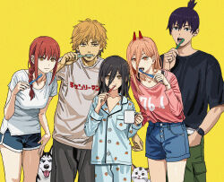 2boys 3girls alternate_costume black_footwear black_hair black_shirt blonde_hair blush braid braided_ponytail breasts brushing_teeth chainsaw_man collarbone commentary cross-shaped_pupils cup demon_horns denim denim_shorts denji_(chainsaw_man) dog dolphin_shorts green_pants hair_between_eyes hayakawa_aki highres holding holding_cup holding_toothbrush horns long_bangs looking_at_viewer makima_(chainsaw_man) medium_breasts meowy_(chainsaw_man) mole mole_under_eye multiple_boys multiple_girls nayuta_(chainsaw_man) orange_hair pajamas pants pink_shirt power_(chainsaw_man) print_pajamas ringed_eyes shiren_(ourboy83) shirt shorts simple_background smartwatch symbol-shaped_pupils time_paradox toothbrush watch white_shirt wristwatch yellow_background yellow_eyes