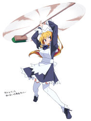 1girl apron arms_up blonde_hair blue_eyes breasts broom dress highres holding holding_broom long_hair long_sleeves maid maid_headdress original parted_lips simple_background solo spinning thighhighs white_apron white_background white_thighhighs yachima_tana yachimata_kana