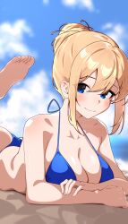 1girl ass barefoot beach bikini blonde_hair blue_bikini breasts cloud cloudy_sky ecliygame highres large_breasts light_blush looking_at_viewer lying on_stomach original sidelocks sky smile swimsuit watermark
