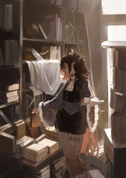 Rule 34 | 1girl, absurdres, ascot, black hair, black skirt, black vest, book, book stack, bookshelf, brown hair, cabinet, closed eyes, colored inner hair, commentary, commission, cropped vest, doorway, feet out of frame, file cabinet, frilled sleeves, frills, glasses, globe, grey shirt, highres, holding, holding book, indie virtual youtuber, indoors, ladder, long sleeves, looking to the side, medium hair, multicolored hair, pointy ears, profile, round eyewear, sawararado, shirt, skeb commission, skirt, solo, spuwkie, standing, symbol-only commentary, thigh marking, vest, virtual youtuber, white ascot, wide sleeves