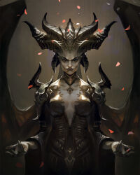 1girl absurdres black_dress black_lips breasts cleavage demon_girl demon_horns demon_wings diablo_(series) dress fingernails heterochromia highres horns lilith_(diablo) looking_at_viewer martinbulteau medium_breasts sharp_fingernails solo wings