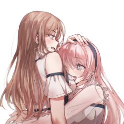 2girls bang_dream! bang_dream!_it&#039;s_mygo!!!!! black_hairband blush brown_hair chihaya_anon chinese_commentary commentary_request dress earrings fang grey_eyes hairband hand_on_another&#039;s_head highres hug jewelry long_hair multiple_girls muonrei00 nagasaki_soyo open_mouth pink_hair see-through_clothes see-through_sleeves simple_background smile white_background white_dress yuri