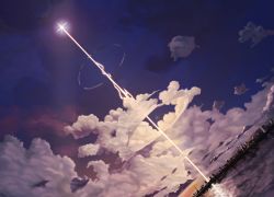 academy_city blue_sky bridge building city cityscape cloud cloudy_sky colorized commentary energy firing gazing_eye glowing haimura_kiyotaka highres no_humans novel_illustration official_art outdoors science_fiction sky sonic_boom_(speed) spoilers suspension_bridge third-party_edit toaru_majutsu_no_index toaru_majutsu_no_index:_new_testament water