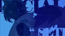 1boy 1girl absurdres animal_ear_fluff animal_ears bare_shoulders blue_background blue_theme character_name english_text from_behind from_side highres limited_palette looking_at_viewer looking_back male_focus mindscape_cinema_(zenless_zone_zero) monochrome official_art profile raccoon_ears scar scar_on_arm seth_lowell short_hair sideways_glance sleeveless smile solo song_name squirrel_ears squirrel_girl squirrel_tail tail upper_body zenless_zone_zero