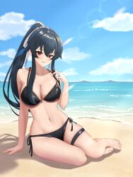 Rule 34 | 1girl, absurdres, alternate costume, beach, bikini, black bikini, black hair, blush, breasts, cleavage, day, hair between eyes, hair ribbon, highres, horizon, kantai collection, klashikari, large breasts, long hair, looking at viewer, navel, ocean, outdoors, ponytail, red eyes, ribbon, sand, side-tie bikini bottom, sidelocks, sky, smile, solo, string bikini, swimsuit, thigh strap, twitter username, very long hair, white ribbon, yahagi (kancolle), yahagi kai ni (kancolle)
