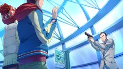 1girl 2boys aiming at_gunpoint beanie black_hair blue_hoodie blue_shirt breast_pocket brown_shorts brown_vest business_suit buttons cardigan collared_shirt formal_clothes fukuda_tomonori game_cg glock green_pants green_shirt gun handgun hands_up hat highres hood hoodie jacket lapels long_sleeves multicolored_hair multiple_boys necktie notched_lapels official_art orange_eyes padded_vest pants plaid_clothes plaid_shirt plaid_sleeves pocket polka_dot_necktie pom_pom_(clothes) pom_pom_beanie red_hair red_hat red_hood red_necktie red_shirt robotics;notes sawada_toshiyuki senomiya_akiho shirt shorts suit tsurime vest weapon white_hair white_vest winter_clothes yashio_kaito yellow_cardigan