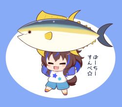 1girl :3 :d animal_ears blue_background blue_hair blue_shoes blue_shorts blue_sleeves blush brown_hair chibi chibi_only closed_eyes commentary_request daitaku_helios_(umamusume) fang fish gomashio_(goma_feet) hair_ornament hairclip horse_ears horse_girl horse_tail long_sleeves multicolored_hair open_mouth orange_socks outstretched_arms print_shirt shirt shoes short_hair shorts smile socks solo spread_arms star_(symbol) star_print streaked_hair tail translation_request tuna two-tone_background umamusume white_background white_shirt