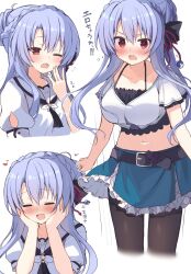 1girl :d ;o =_= a-pose absurdres animal_print ascot belt black_ascot black_belt black_bow black_pantyhose blue_hair blue_skirt blush bow braid breasts butterfly_ornament butterfly_print clenched_hand collarbone commentary cowboy_shot crop_top crown_braid drooling female_pervert frilled_skirt frills frown hair_between_eyes hair_bow hair_bun halterneck hands_on_own_cheeks hands_on_own_face heart highres large_breasts long_hair looking_at_viewer midriff miniskirt motion_lines mouth_drool multiple_views navel nose_blush one_eye_closed open_mouth pantyhose pervert puffy_short_sleeves puffy_sleeves red_eyes sailor_collar school_uniform shirt short_sleeves sidelocks simple_background single_hair_bun skirt smile sorakado_ao squeans summer_pockets summer_pockets_school_uniform sweat takepoison translation_request upper_body v-shaped_eyebrows wavy_mouth white_background white_sailor_collar white_shirt yawning