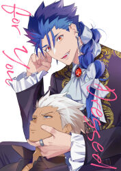 Rule 34 | 2boys, archer (fate), ascot, basashi (1092aru), black shirt, blue hair, braid, brooch, cu chulainn (caster) (fate), cu chulainn (caster) (fgo fes. 2025) (fate), cu chulainn (fate), dark-skinned male, dark skin, earrings, fang, fate/grand order, fate (series), formal clothes, gem, grabbing another&#039;s chin, grey eyes, hair over shoulder, hair ribbon, hair slicked back, hand on another&#039;s chin, highres, jewelry, long hair, looking ahead, looking at viewer, male focus, multiple boys, official alternate costume, official alternate hairstyle, red brooch, red eyes, red gemstone, ribbon, ring, shirt, smile, suit, white ascot, white background, white hair, white ribbon