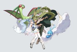 2girls absurdres altaria blue_hair breasts cape double_bun dress dual_persona flygon flying_miku_(project_voltage) full_body gen_3_pokemon gloves gradient_hair great_ball green_hair grey_background grey_hair ground_miku_(project_voltage) hair_between_eyes hair_bun hair_over_one_eye hatsune_miku highres leg_warmers long_hair medium_breasts multicolored_hair multiple_girls nail_polish nintendo orange_eyes orange_hair pants poke_ball poke_ball_(basic) pokemon pokemon_(creature) project_voltage shoes simple_background single_glove tissue0330 torn_cape torn_clothes twintails vocaloid white_hair