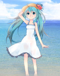 Rule 34 | 1girl, aqua eyes, aqua hair, bad id, bad pixiv id, barefoot, cloud, day, dress, female focus, hat, hatsune miku, long hair, ryuuga sazanami, see-through clothes, see-through silhouette, sky, solo, sundress, twintails, vocaloid, water