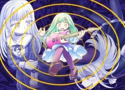 Rule 34 | 2girls, bang dream!, bang dream! it&#039;s mygo!!!!!, beret, black pantyhose, blue dress, blush, closed mouth, commentary, dress, dual persona, expressionless, full body, green hair, guitar, hakuyou ( hakuyou), hat, holding, holding guitar, holding instrument, instrument, long hair, looking at another, looking at object, mortis (bang dream!), mortis (costume) (bang dream!), mortis (persona) (bang dream!), multiple girls, open mouth, pantyhose, smile, wakaba mutsumi, yellow eyes