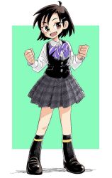 Rule 34 | 1girl, ahoge, black hair, black shoes, black socks, black vest, bow, bowtie, buttons, clenched hands, collared shirt, commentary, fang, full body, green background, grey skirt, hair ornament, hairclip, hands up, hari tabo42, loafers, open mouth, original, pleated skirt, purple bow, purple bowtie, red eyes, school uniform, shirt, shoes, short hair, skirt, smile, socks, solo, standing, vest, white shirt